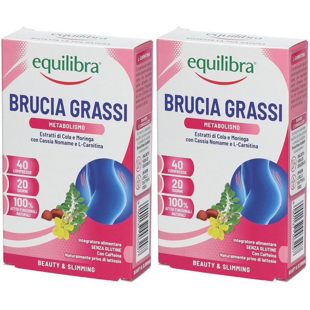 Due confezioni di "BRUCIA GRASSI". Confezione rosa e bianca con informazioni e logo. Contiene 40 compresse. Senza glutine e caffeina.