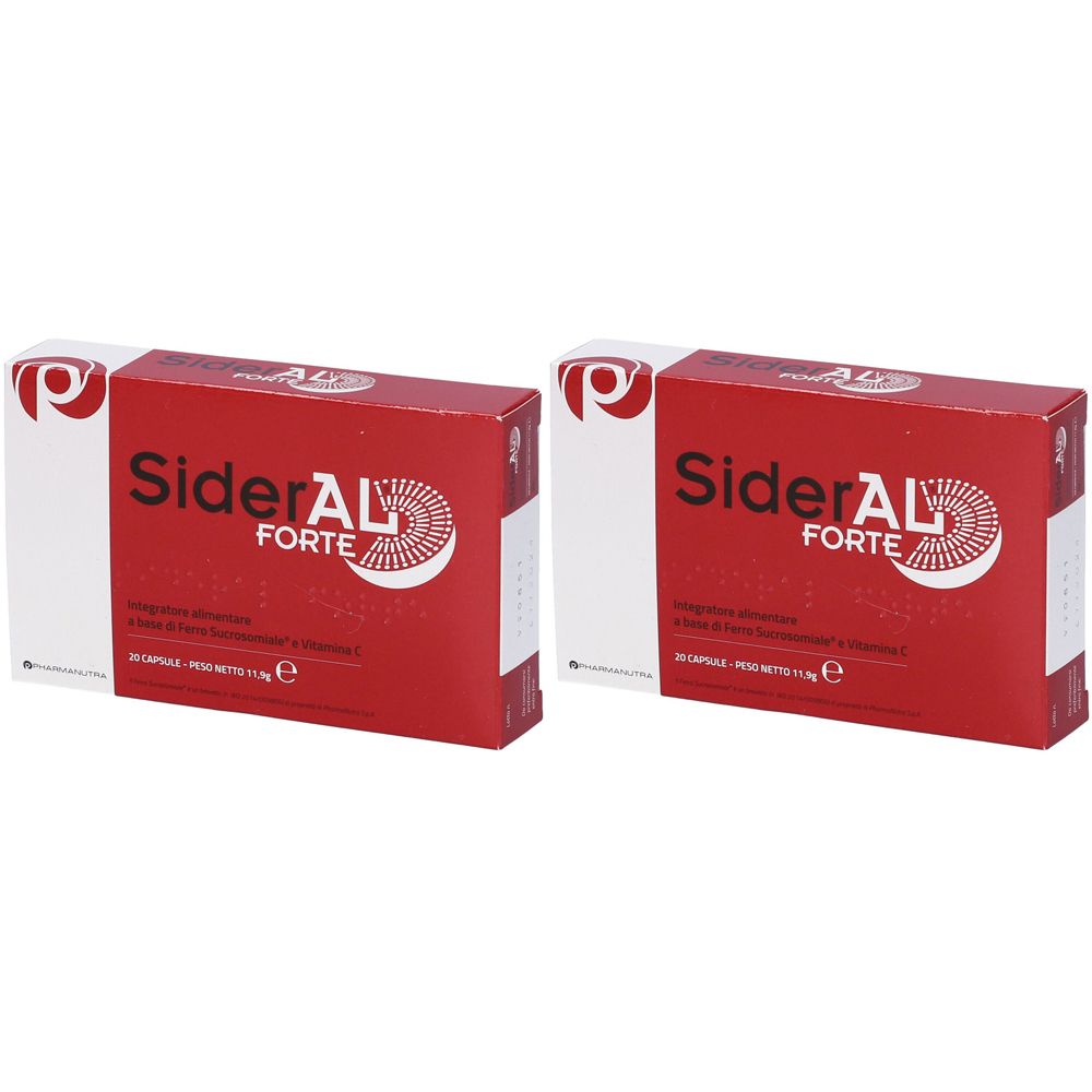 Due scatole rosse "SiderAL FORTE". Logo bianco e testo italiano. Confezione farmaceutica.
