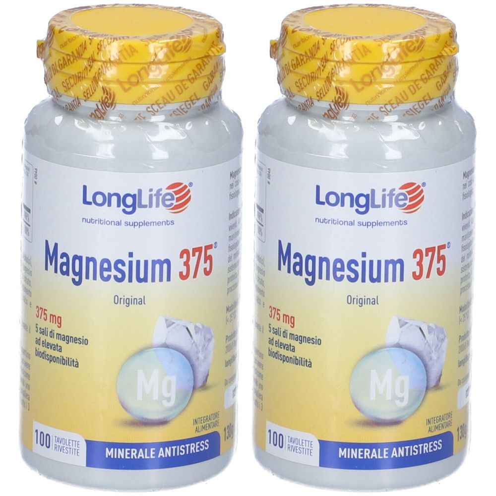 Due flaconi di LongLife Magnesium 375. Flaconi bianchi con tappi gialli. Scritta: Magnesium 375, 100 compresse.