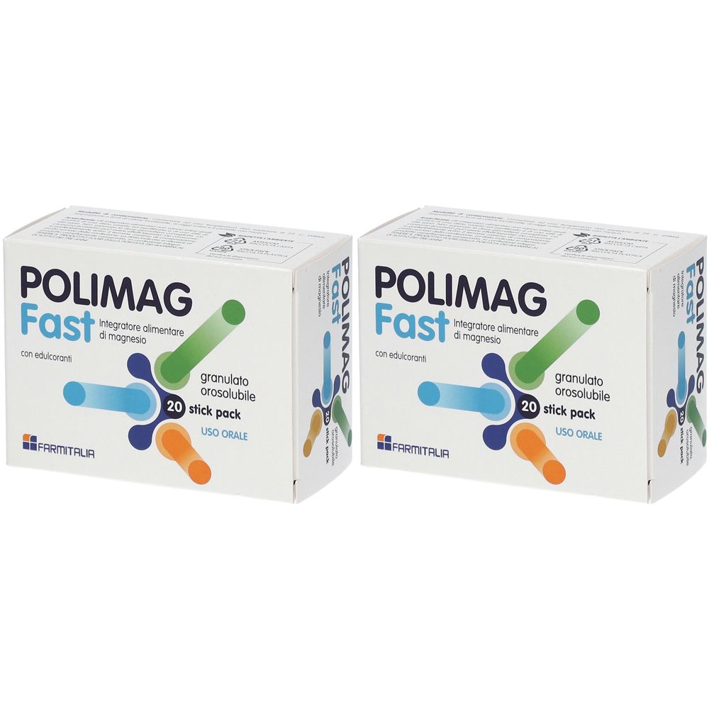 Due scatole di Polimag Fast. Scritta: Integratore di magnesio, 20 stick pack, Uso Orale.