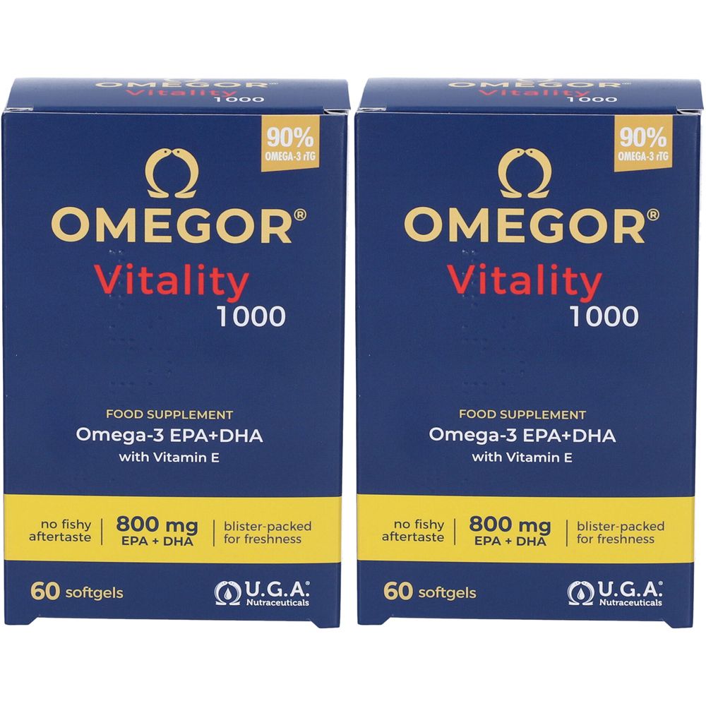 Due confezioni di Omegor Vitality 1000. Confezione blu con dettagli gialli. Contiene 60 softgels. Logo U.G.A. Nutraceuticals.