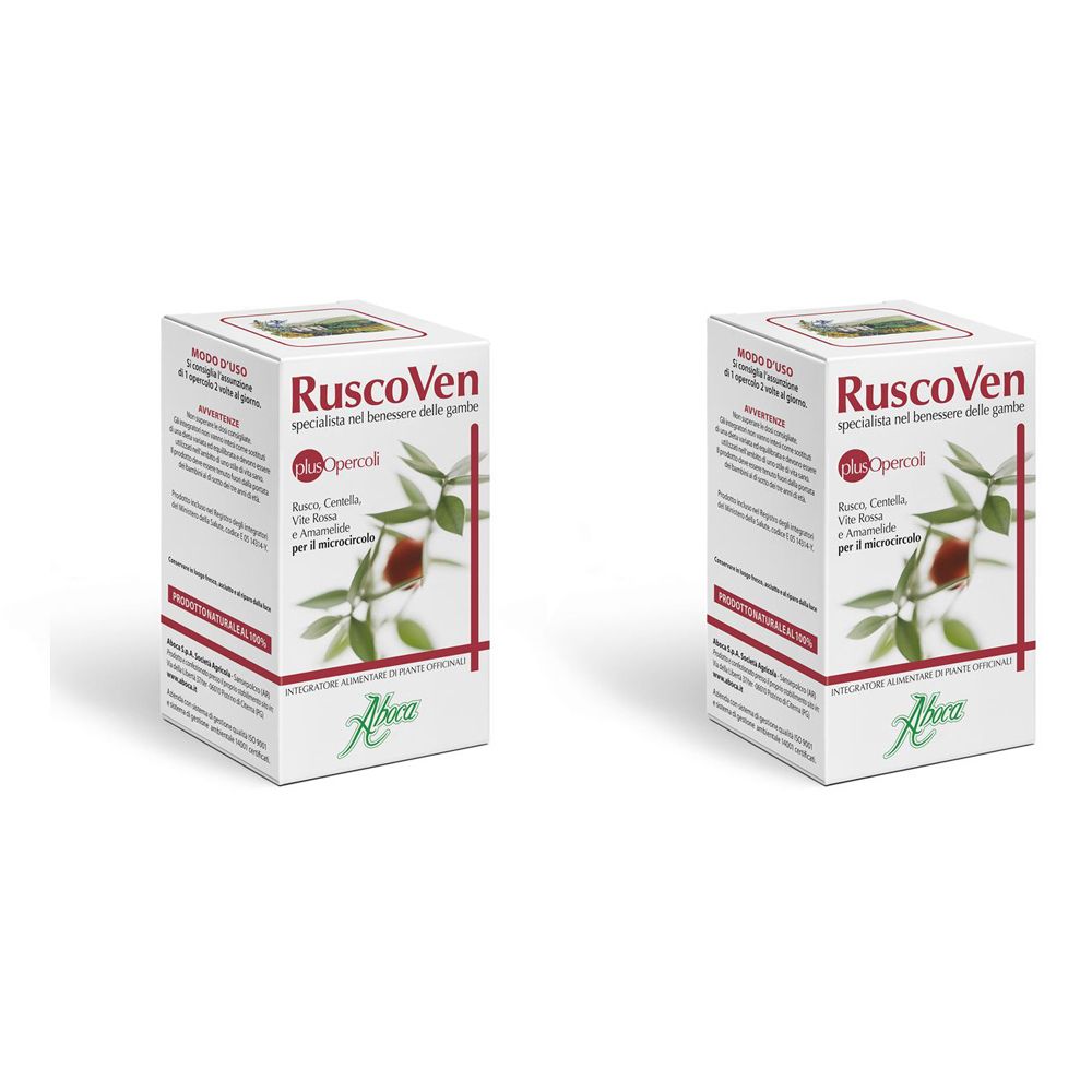 Due confezioni di Ruscoven Plus Opercoli. Confezione bianca con nome del prodotto e logo Aboca. Illustrazione di foglie e frutti.