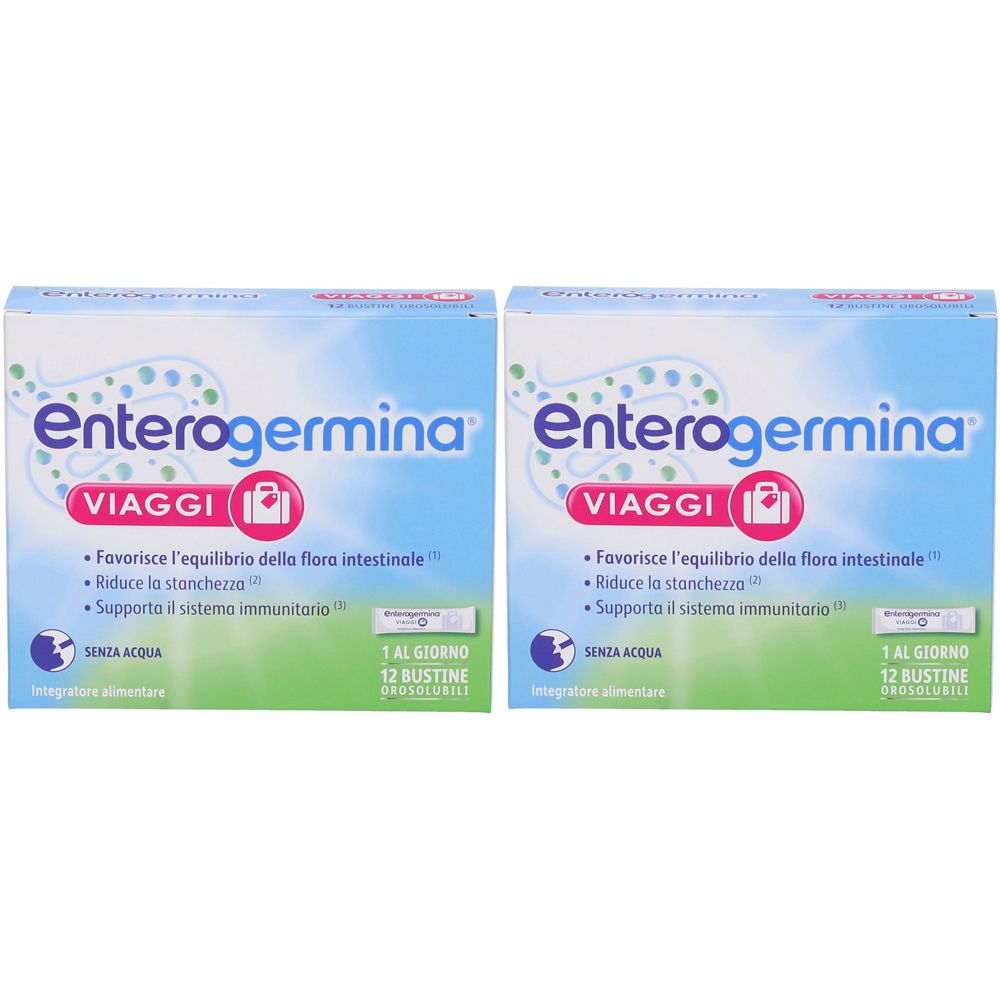 Due confezioni di "Enterogermina Viaggi". Scritto: "12 bustine".
