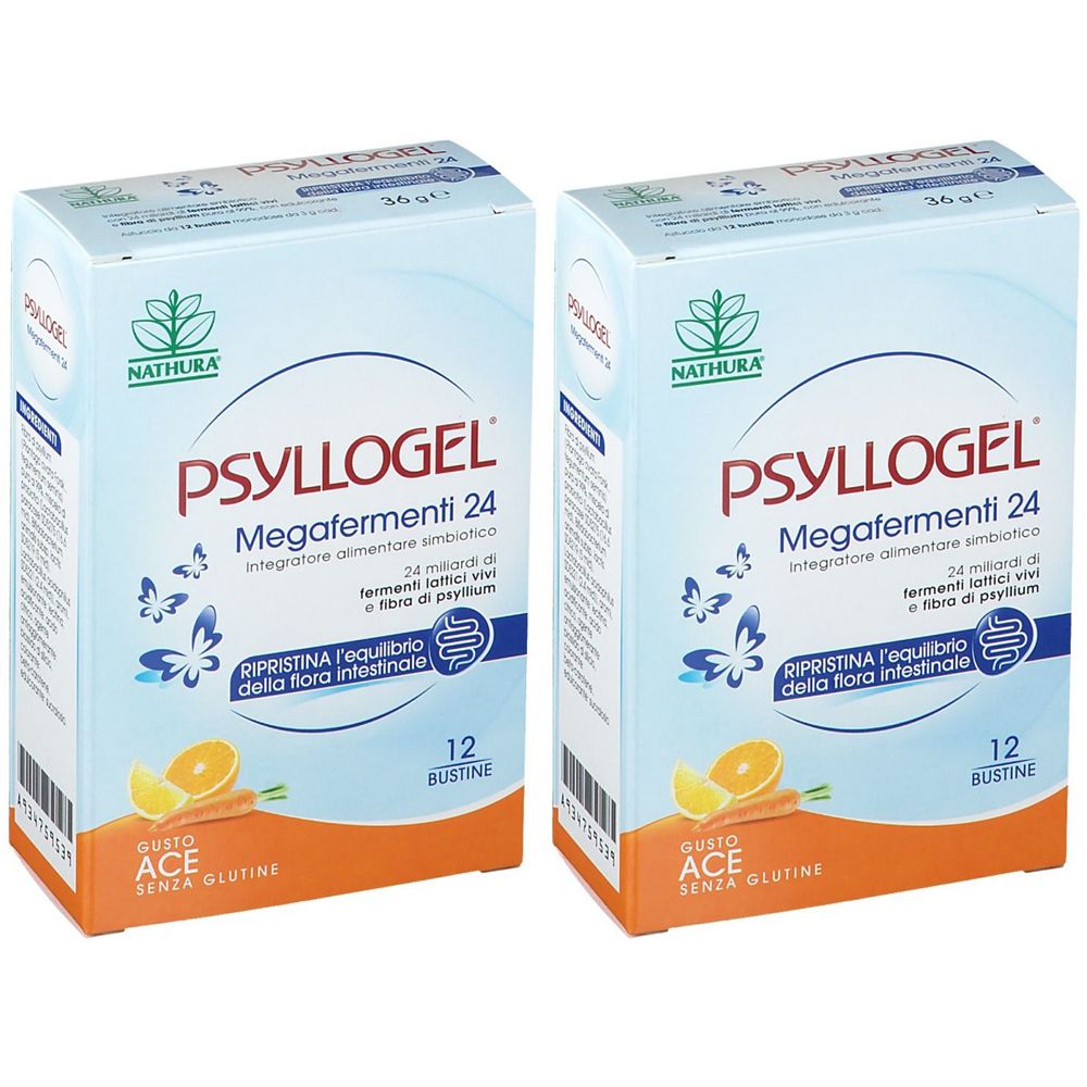 Due confezioni di PSYLLOGEL Megafermenti 24. Scatole azzurre con nome del prodotto, logo e testo. Scritto: 12 bustine, gusto ACE, senza glutine.