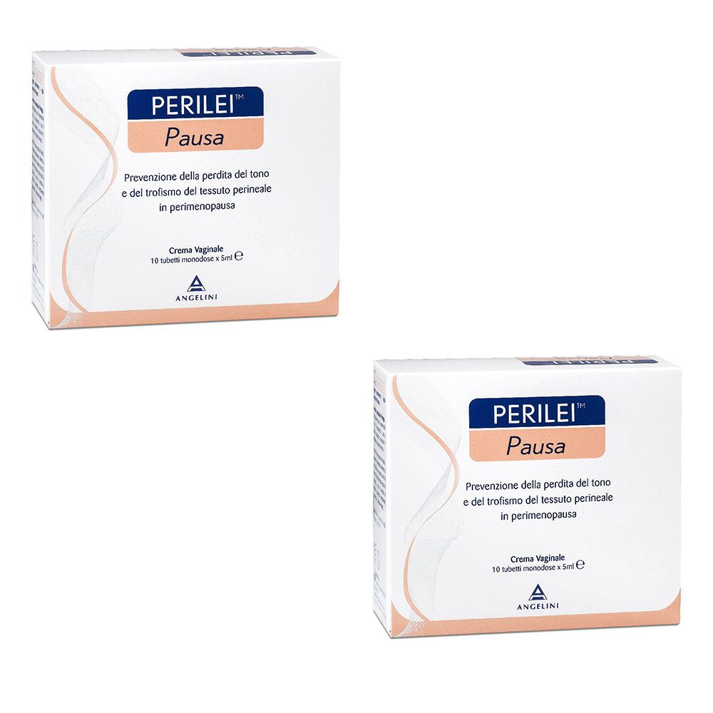 Due confezioni quadrate PERILEI Pausa. Testo in italiano. Prevenzione perdita tono perineale. Marca ANGELINI.