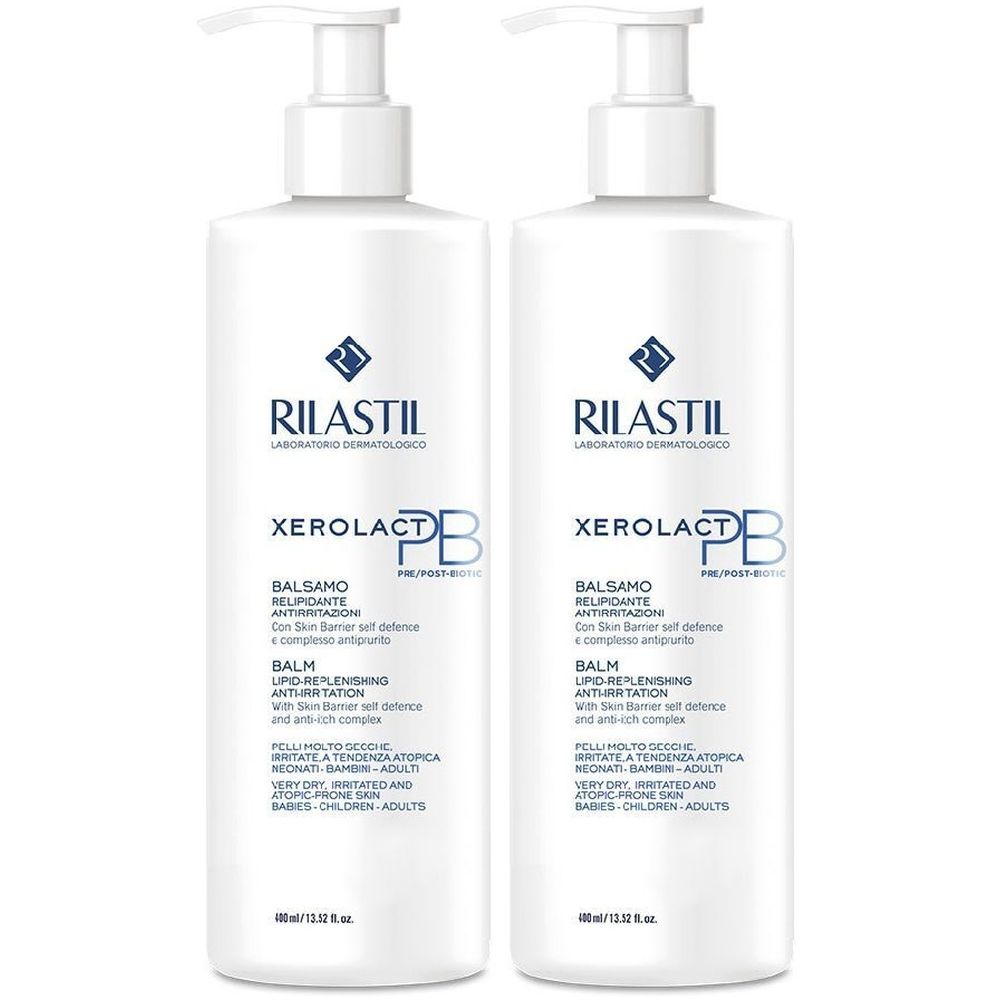 Due flaconi bianchi con dosatore a pompa. Scritta: Rilastil Xerolact PB Balsamo Relipidante Antirritazioni.