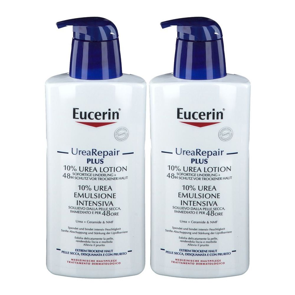 Due flaconi bianchi con erogatori blu. Scritta: Eucerin UreaRepair PLUS 10% Urea Lotion.
