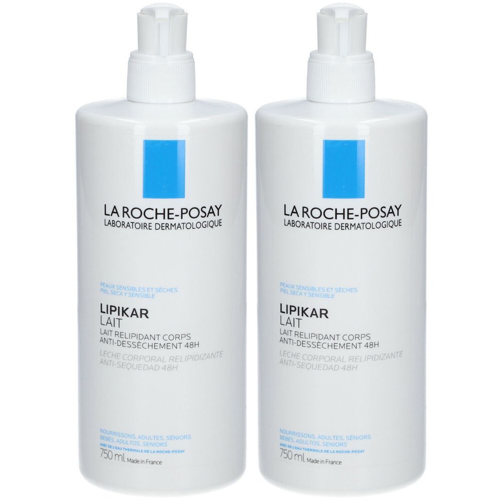Due flaconi bianchi con dosatore. Scritta: La Roche-Posay, Lipikar Lait. Dettagli blu. 750ml.
