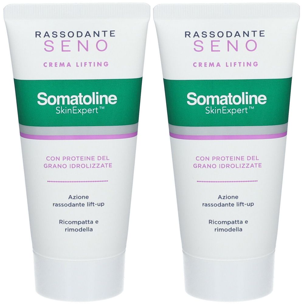 Due tubi di Somatoline Cosmetics Rassodante Seno. Tubi bianchi con accenti verdi e viola. Testo: Rassodante Seno, Crema Lifting.