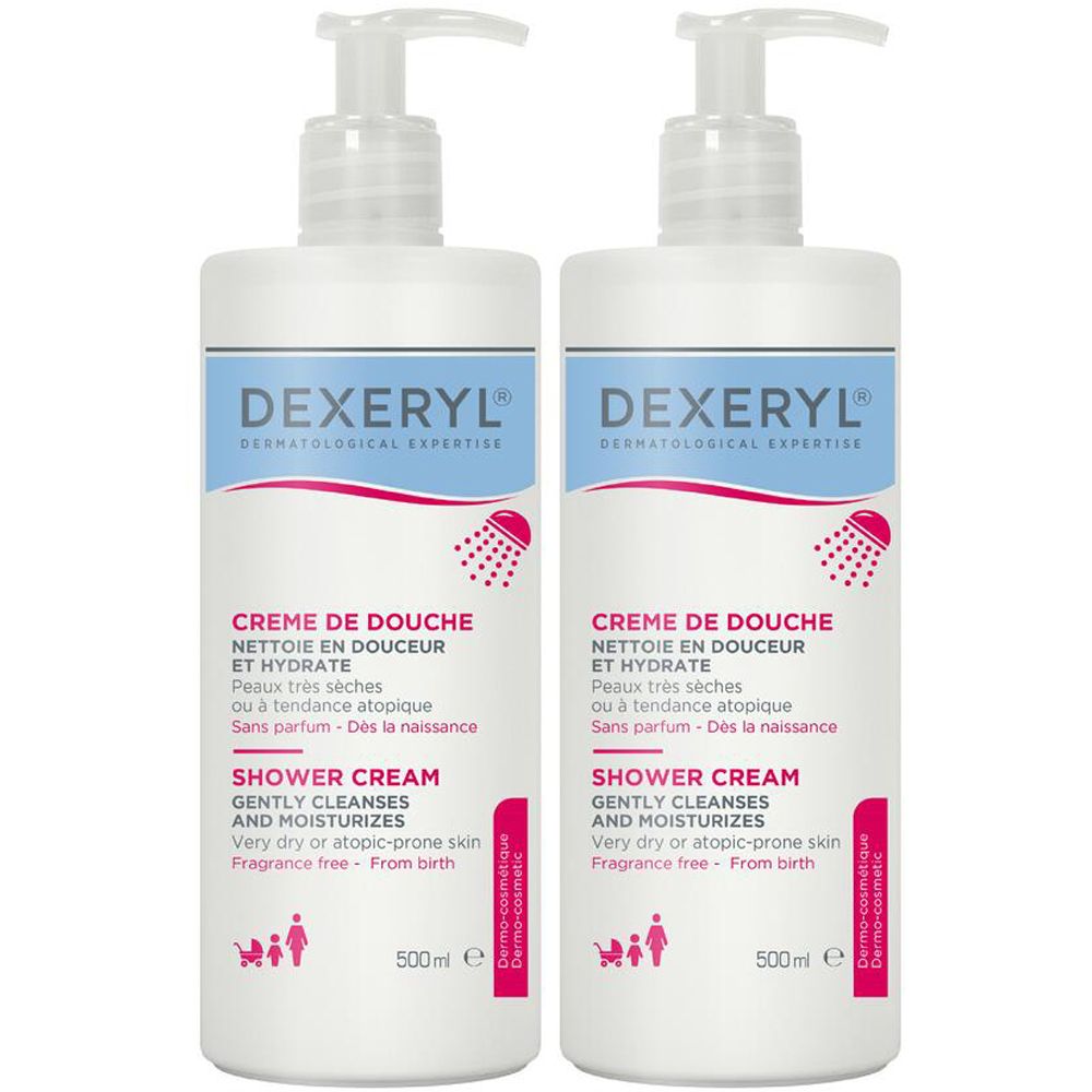 Due flaconi bianchi con dosatore. Scritta DEXERYL, Creme de Douche, Shower Cream. 500ml.