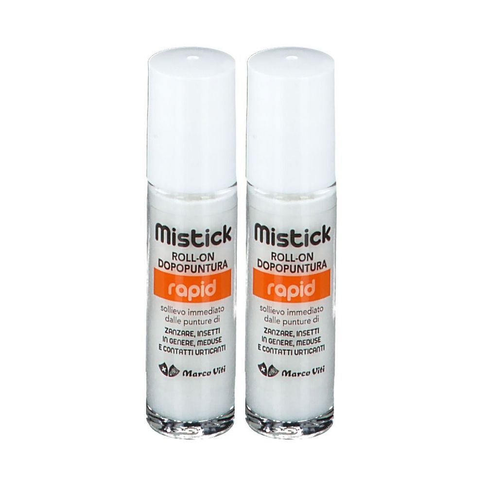 Due flaconi roll-on bianchi. Scritta: Mistick, Roll-on Dopopuntura, rapid. Striscia arancione. Testo in italiano.
