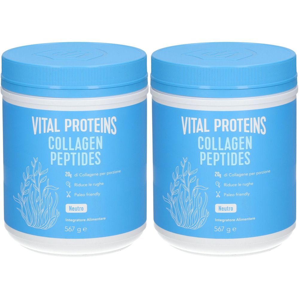 Due barattoli di Vital Proteins Collagen Peptides. Coperchi ed etichette blu con informazioni sul prodotto. Versione Neutro.