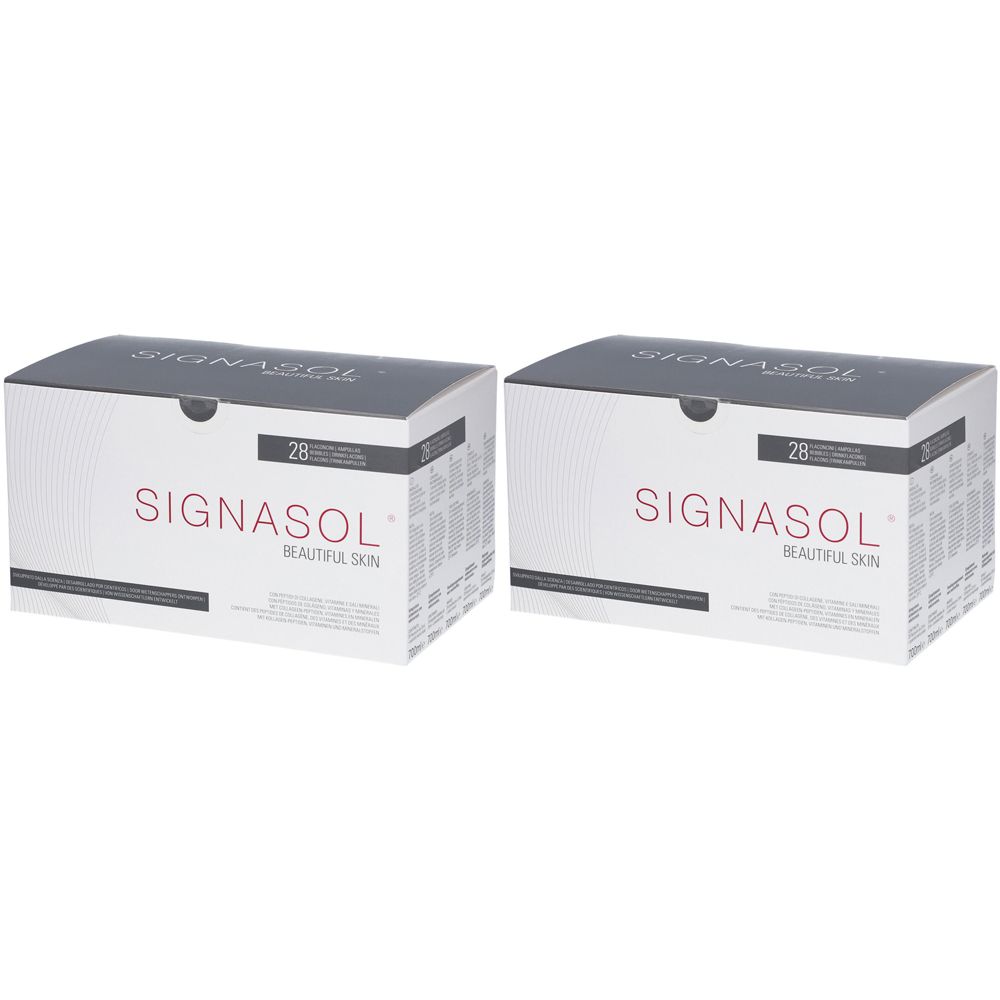 Due scatole bianche con la scritta "SIGNASOL BEAUTIFUL SKIN". Sul coperchio è visibile il numero "28".