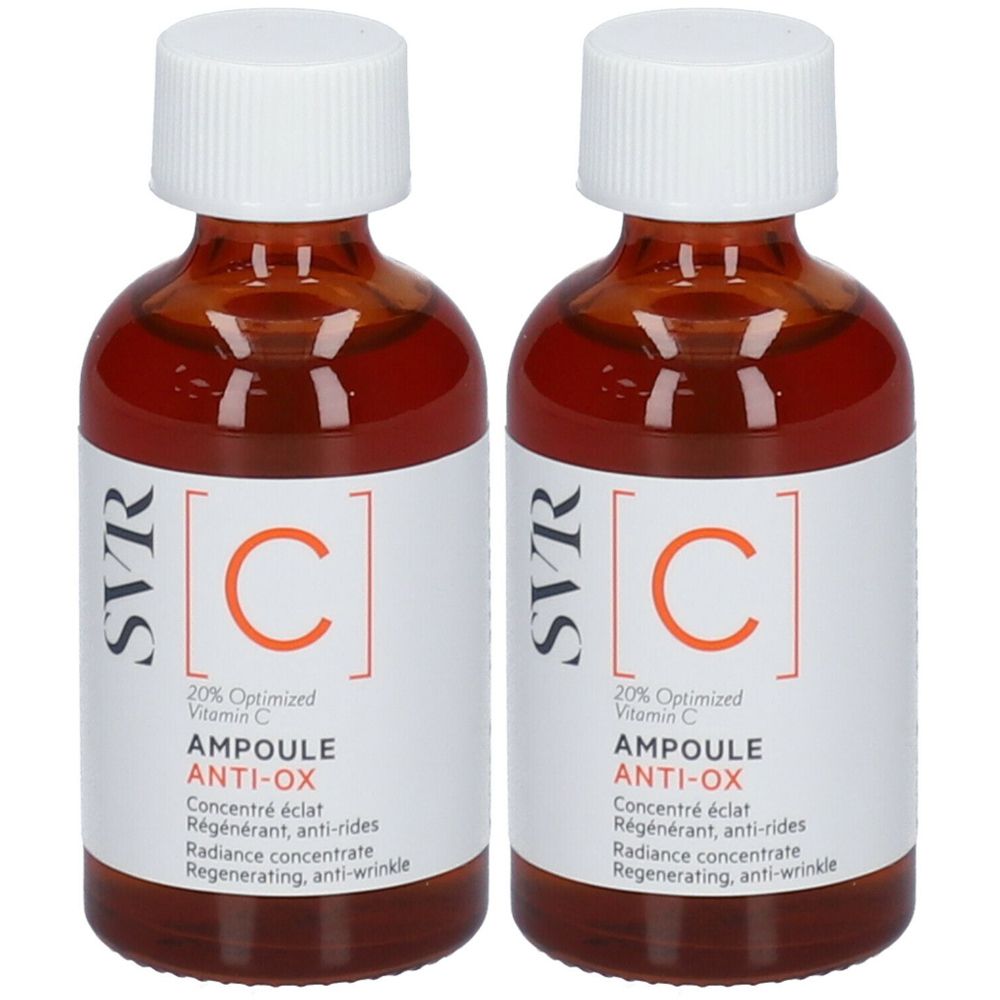Due flaconi in vetro ambrato con tappi bianchi. Etichette bianche con testo "SVR [C] Ampoule Anti-OX".