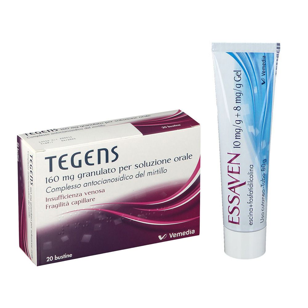 Scatola Tegens e tubo Essaven Gel. Scritta Tegens, 160 mg, 20 bustine. Essaven, 10 mg/g + 8 mg/g Gel, 80g.