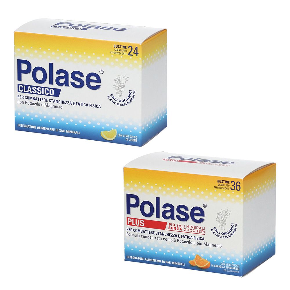 Due confezioni di Polase. Sopra: Polase Classico, 24 bustine. Sotto: Polase Plus, 36 bustine. Design giallo-bianco con informazioni sul prodotto.