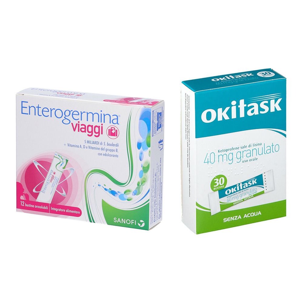Due confezioni di farmaci. A sinistra: Enterogermina Viaggi. A destra: Okitask, 30 bustine. Entrambi confezionati in scatole.