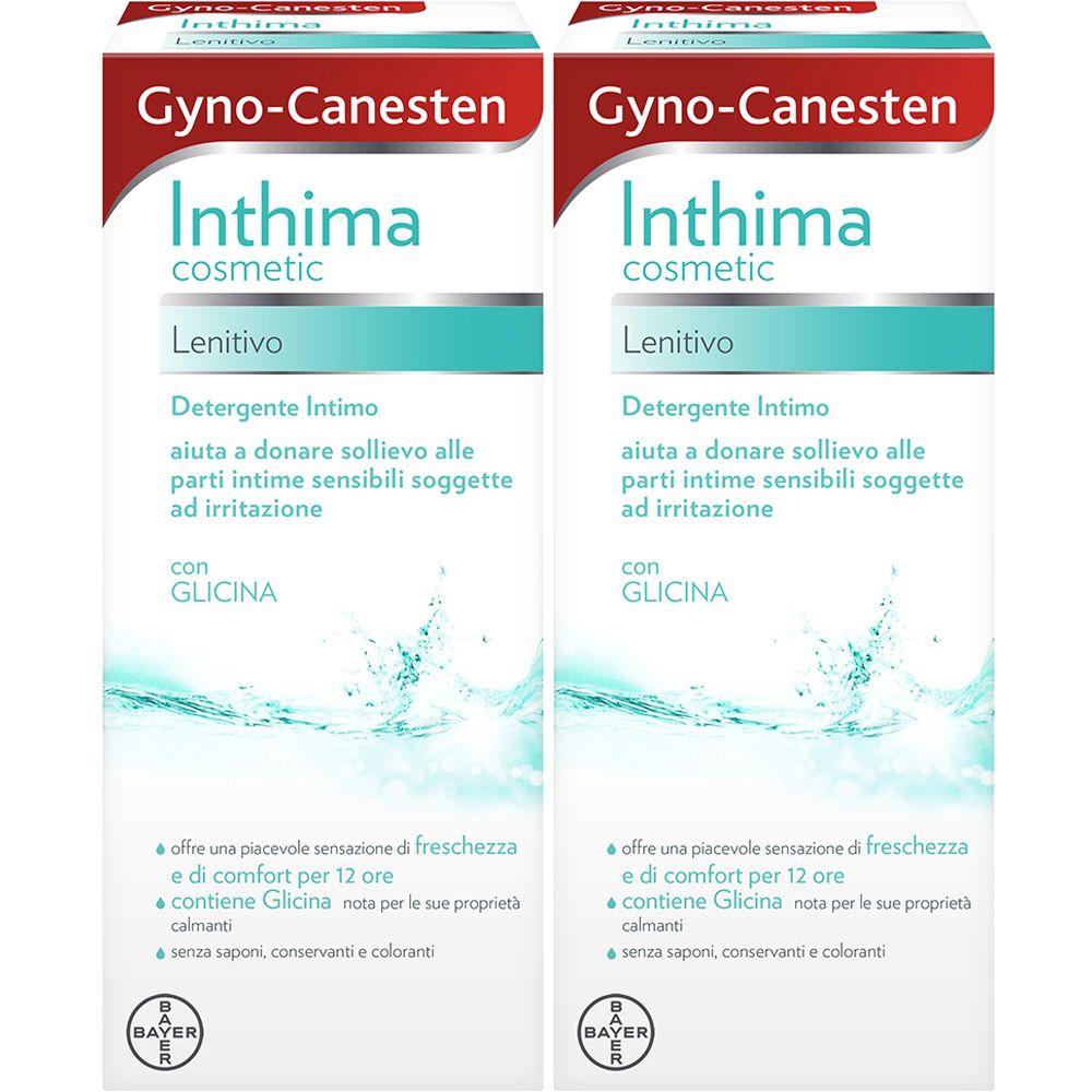 Due confezioni di Gyno-Canesten Inthima Detergente Intimo Lenitivo. Confezione con nome e informazioni sul prodotto.