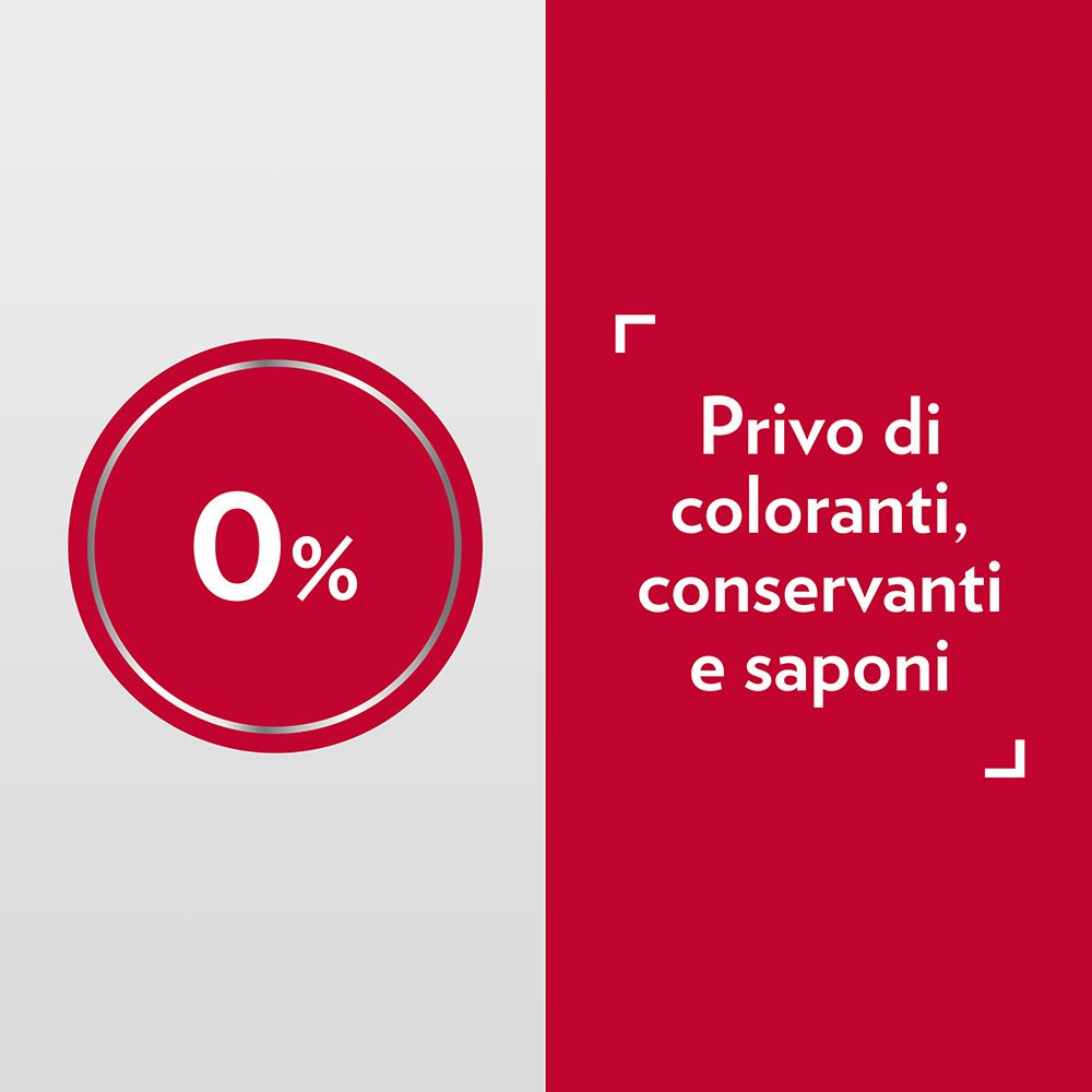 Cerchio rosso con 0%. Testo: Privo di coloranti, conservanti e saponi.