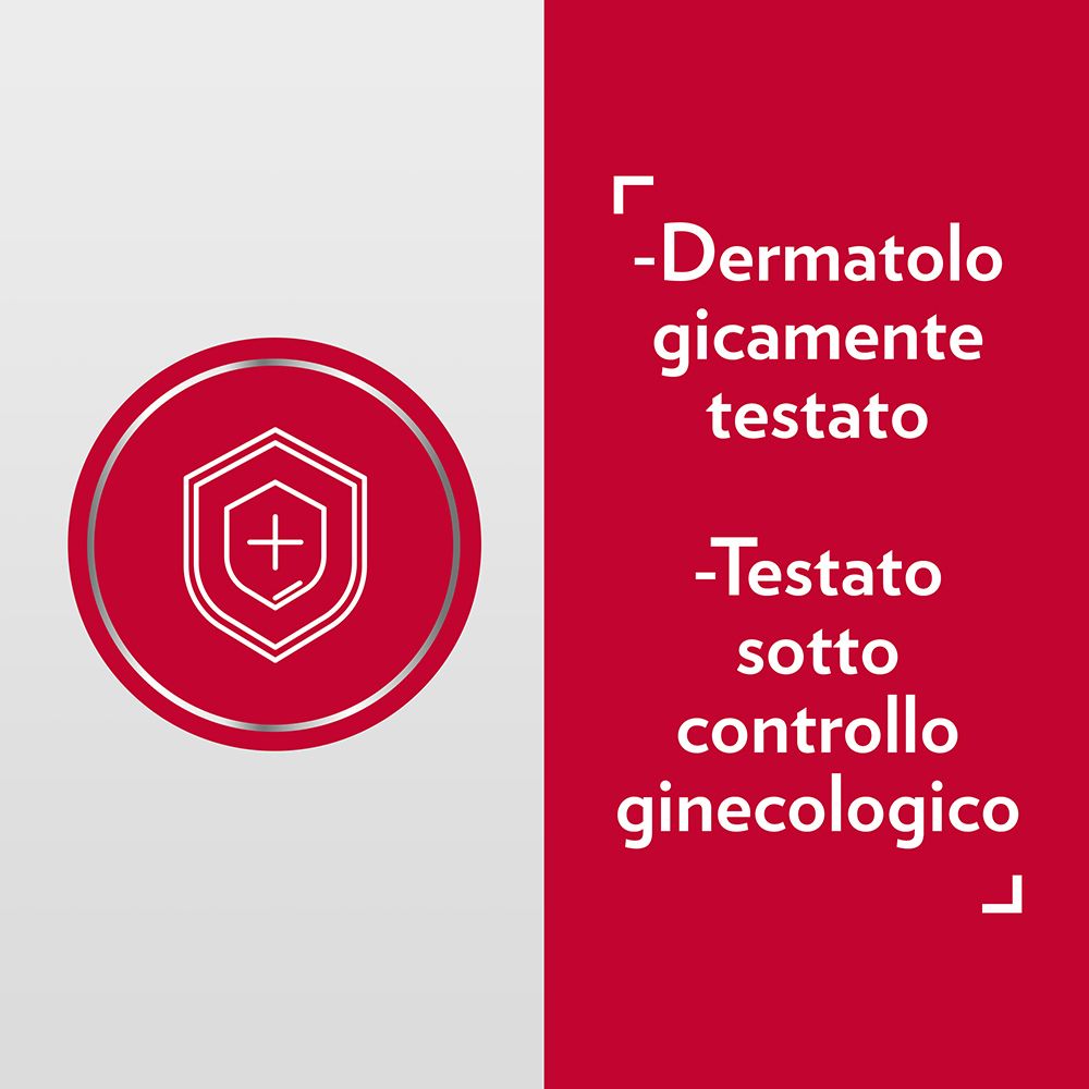 Scudo rosso con croce. Testo: Dermatologicamente testato, testato sotto controllo ginecologico.