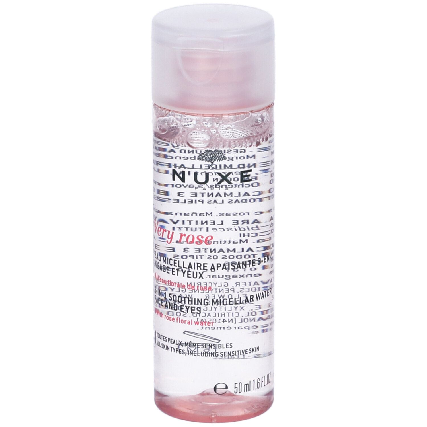 Flacone trasparente, liquido rosa. Tappo bianco. Testo: NUXE Very Rose, acqua micellare 3-in-1.