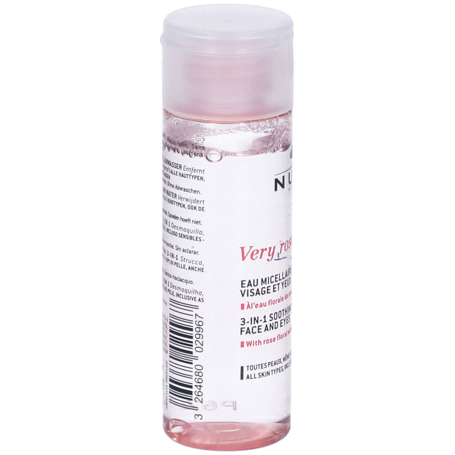 Retro del flacone. Testo: Eau micellaire visage et yeux, 3-in-1, con rosa floreale. Ingredienti.