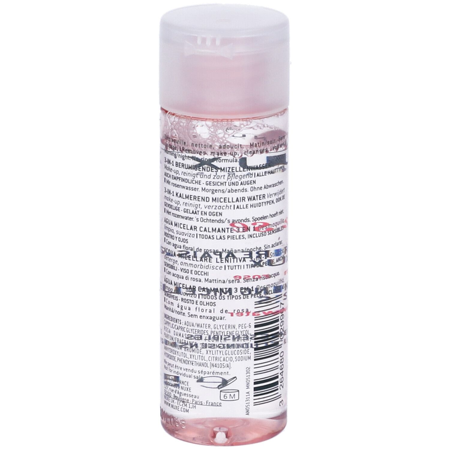 Retro del flacone. Testo: 3-in-1 acqua micellare calmante. Ingredienti, simbolo 6M.