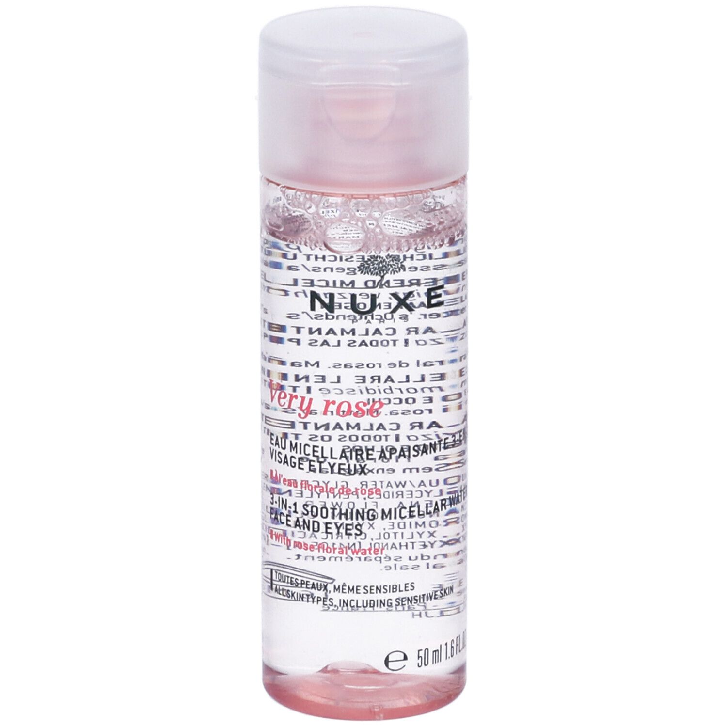 Flacone trasparente, liquido rosa. Tappo bianco. Testo: NUXE Very Rose, acqua micellare 3-in-1.