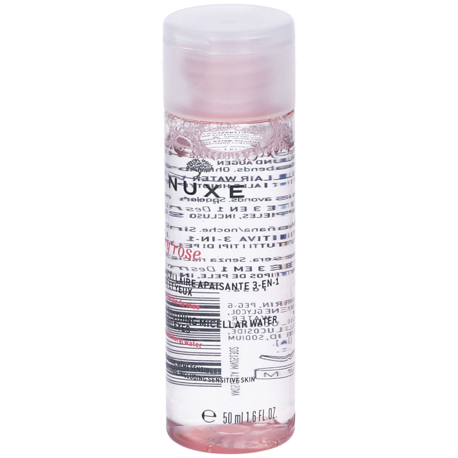 Flacone trasparente, liquido rosa. Tappo bianco. Testo: NUXE Very Rose, acqua micellare 3-in-1.