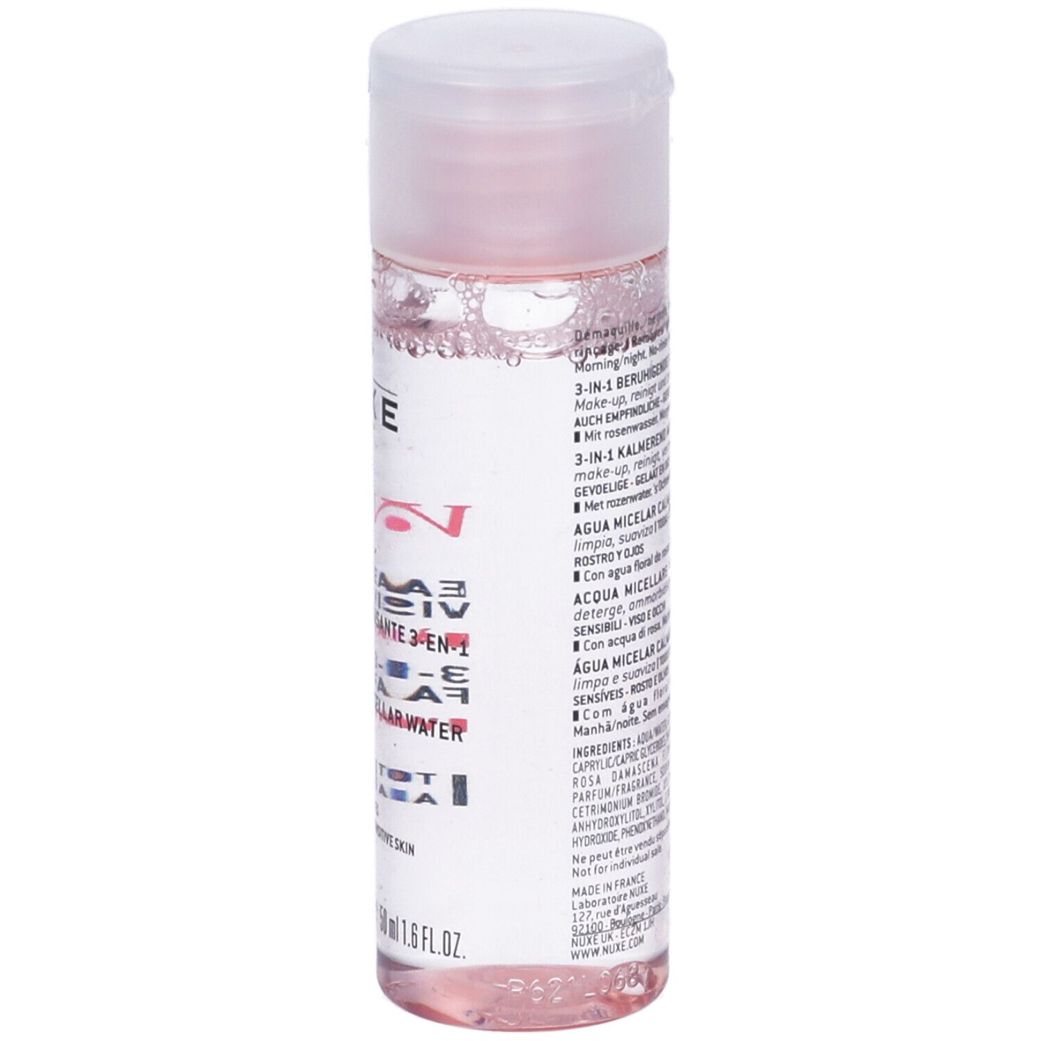 Retro del flacone. Testo: 3-in-1 acqua micellare calmante. Ingredienti, simbolo 6M.