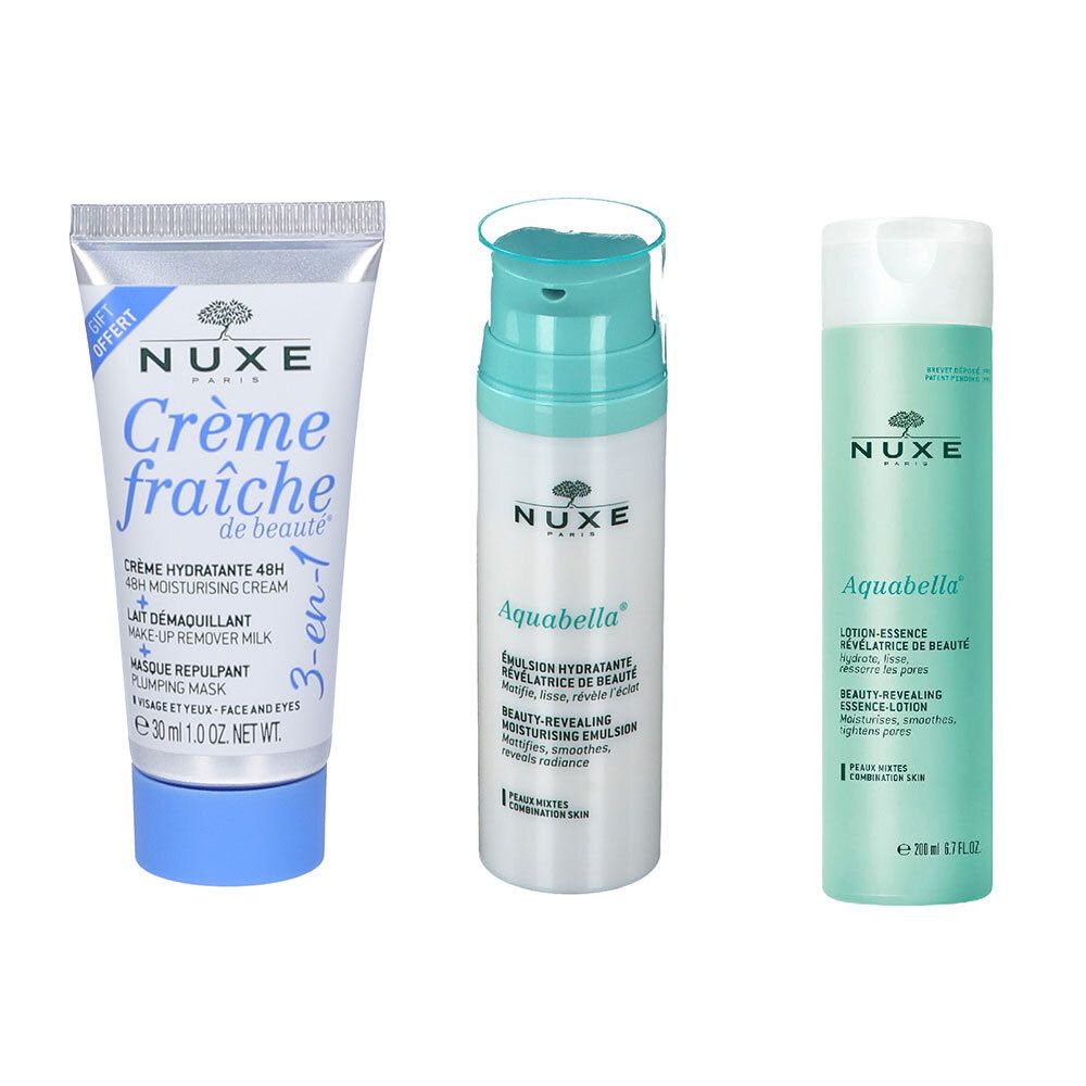 Tre prodotti cosmetici Nuxe. Un tubo "Crème fraîche de beauté", una bottiglia "Aquabella" e una bottiglia "Aquabella Lotion-essence".