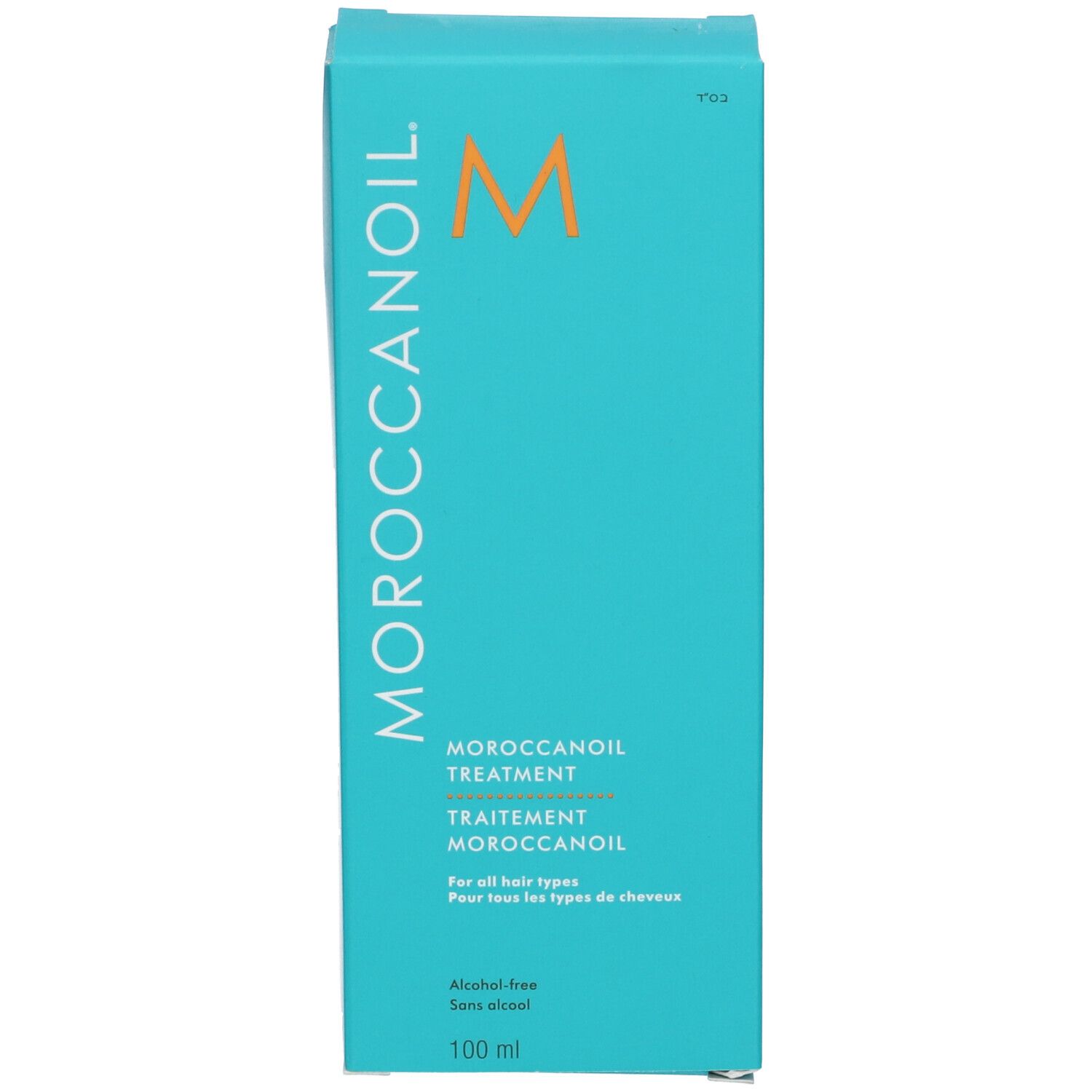 Confezione turchese con testo bianco. MOROCCANOIL in alto, TREATMENT sotto. In basso, 100 ml.
