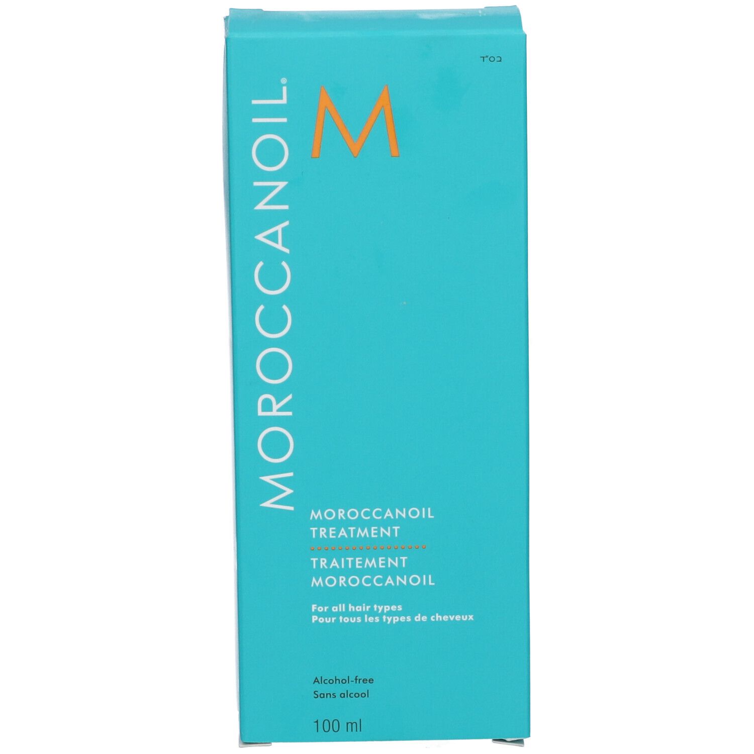 Confezione turchese con testo bianco. MOROCCANOIL in alto, TREATMENT sotto. In basso, 100 ml.