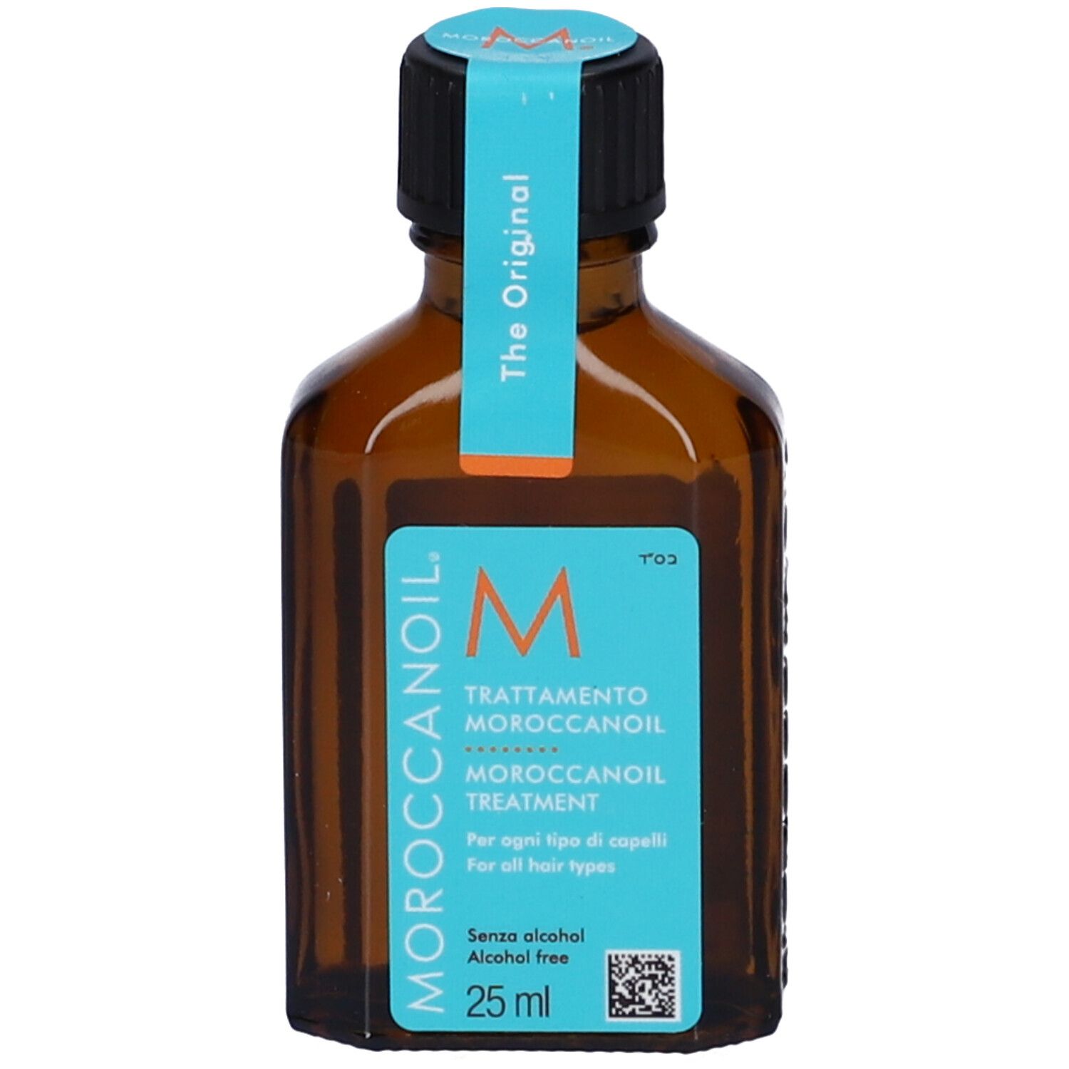 Flacone marrone con tappo nero ed etichetta blu. Scritta: Moroccanoil Trattamento, 25 ml.