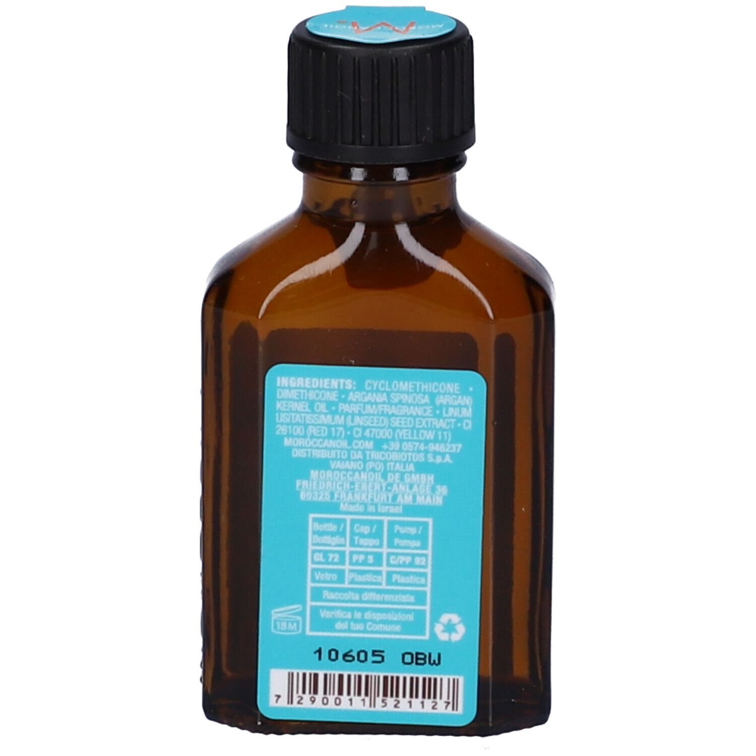 Retro di un flacone marrone con ingredienti e informazioni. Etichetta blu con testo.