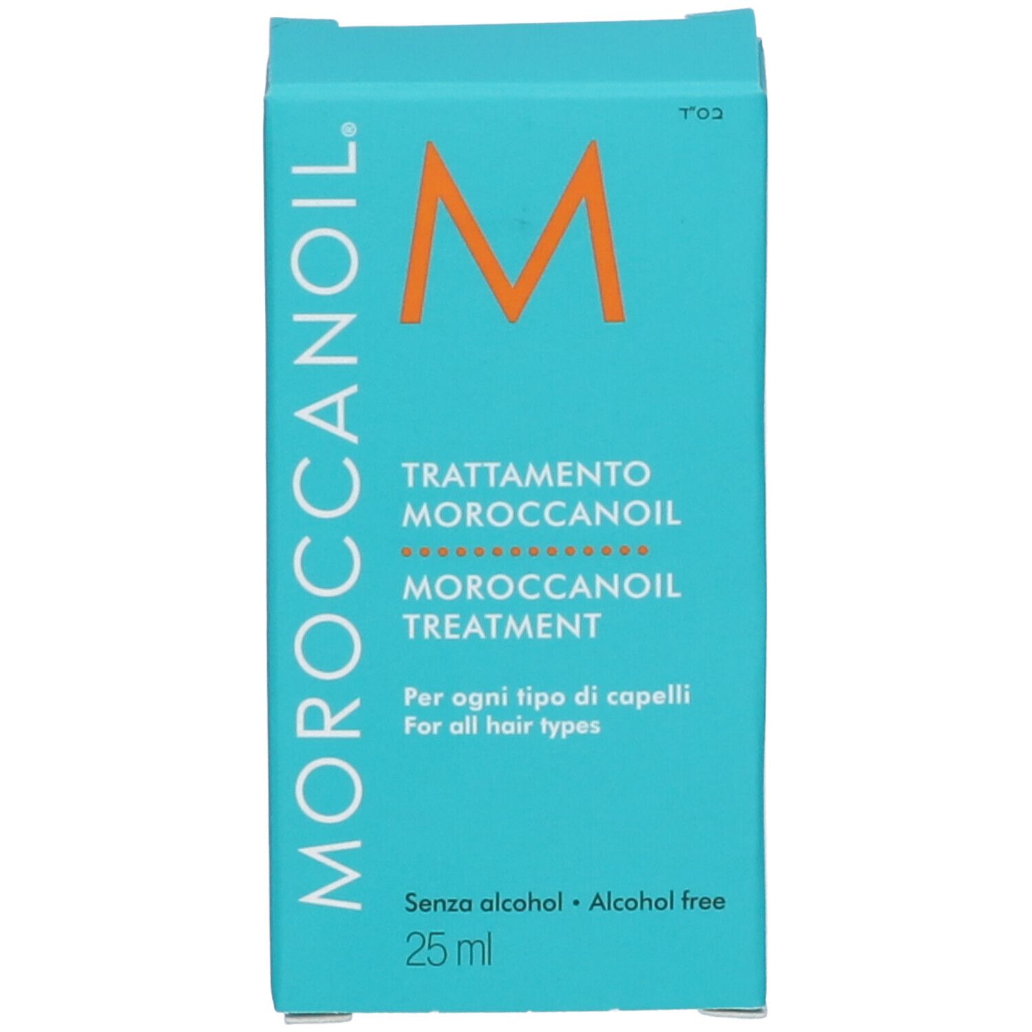 Scatola blu con scritta bianca. Scritta: Moroccanoil Trattamento, 25 ml.