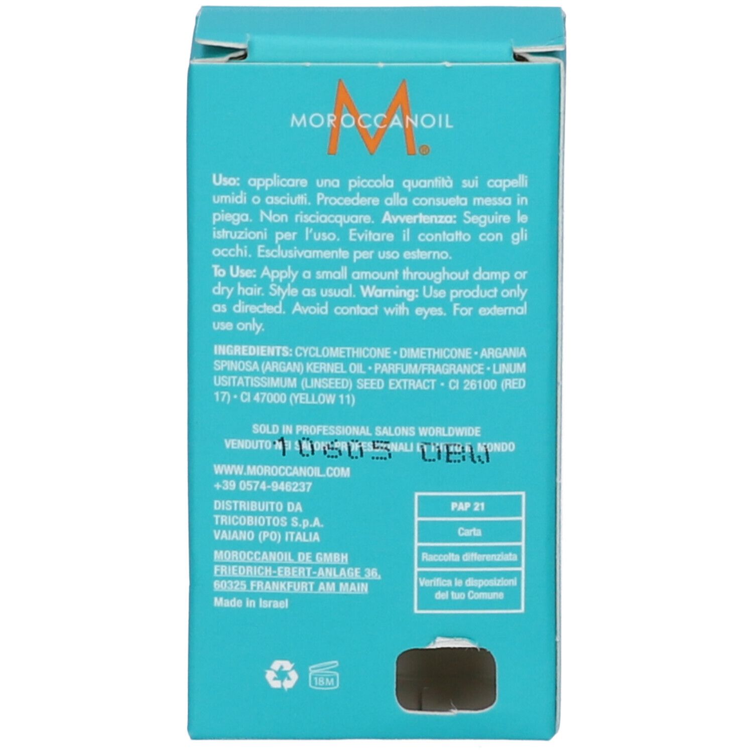 Retro della scatola blu con testo. Ingredienti, istruzioni per l'uso e informazioni del produttore.
