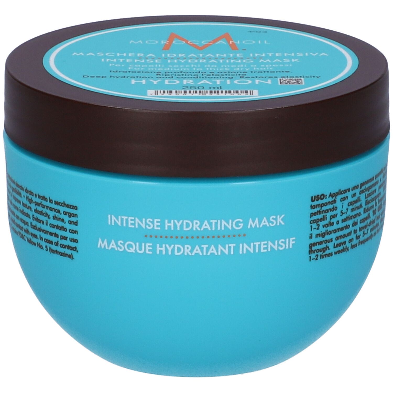 Barattolo rotondo turchese con coperchio marrone. Scritta: Moroccanoil, Maschera Idratante Intensiva, Intense Hydrating Mask.