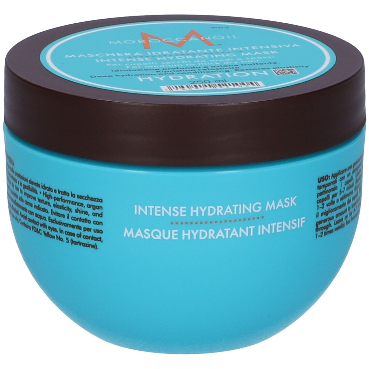 Barattolo turchese con coperchio marrone. Scritta: Moroccanoil, Maschera Idratante Intensiva, Intense Hydrating Mask.