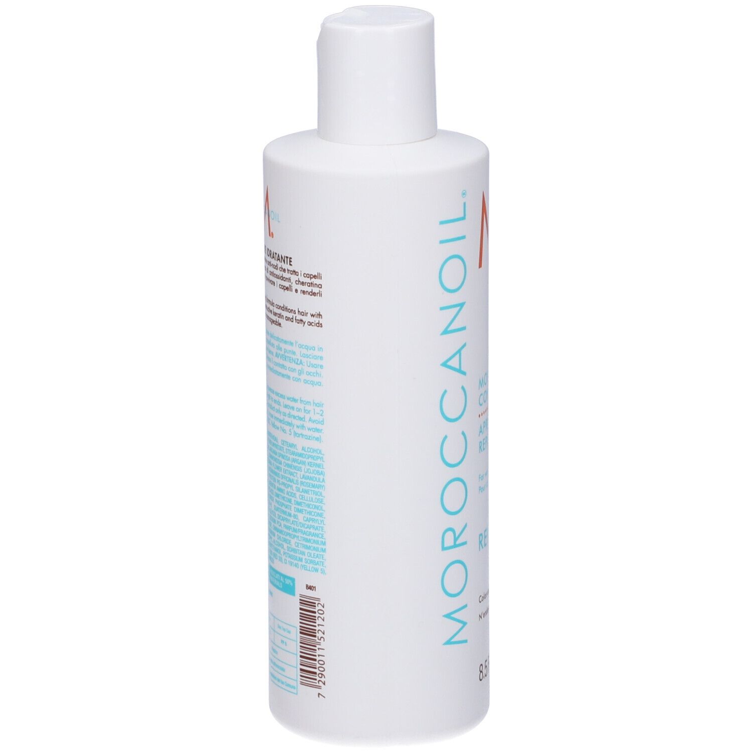 Flacone bianco con testo. Retro con informazioni e ingredienti. 'Moroccanoil'.