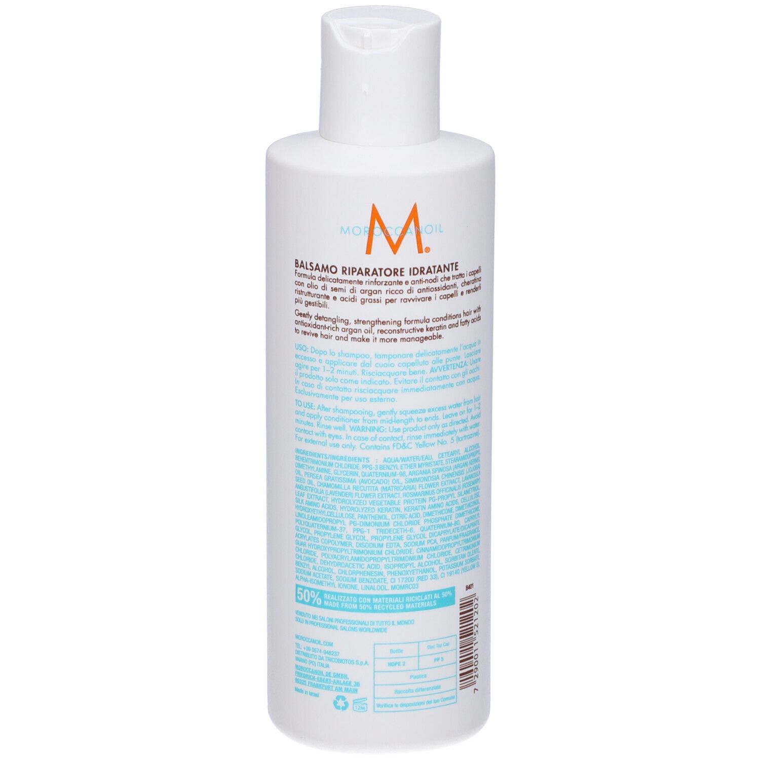 Flacone bianco con testo. Retro con informazioni e ingredienti. 'Moroccanoil'.