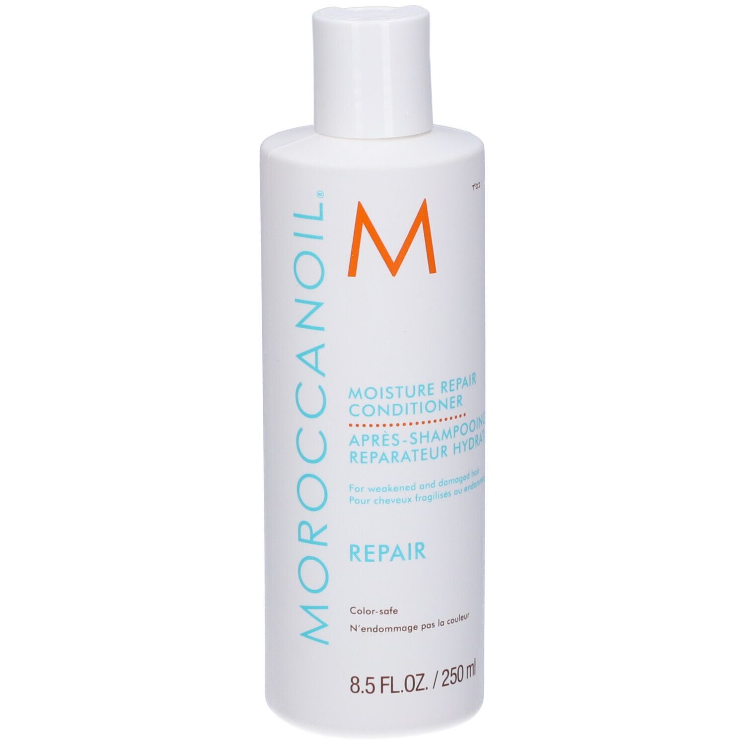 Flacone bianco con logo 'M' arancione. Testo: 'Moroccanoil', 'Moisture Repair Conditioner'.