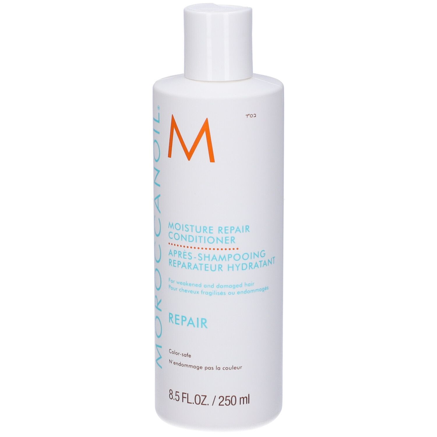 Flacone bianco con logo 'M' arancione. Testo: 'Moroccanoil', 'Moisture Repair Conditioner'.