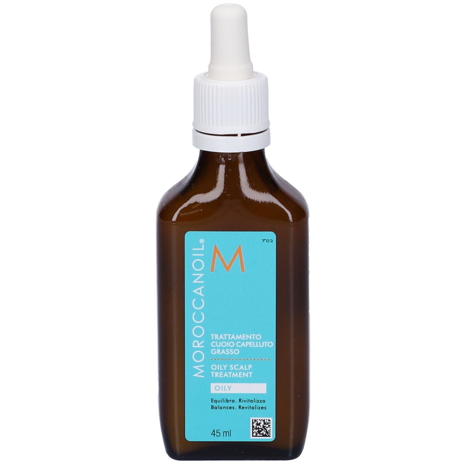 Flacone di vetro marrone con contagocce bianco. Etichetta turchese con testo: Trattamento Cuoio Capelluto Grasso, 45 ml.