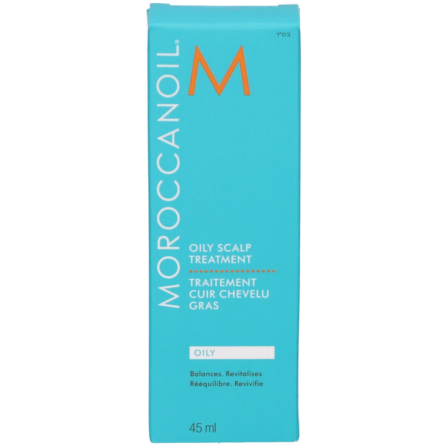 Scatola turchese. Testo: OILY SCALP TREATMENT, 45 ml.