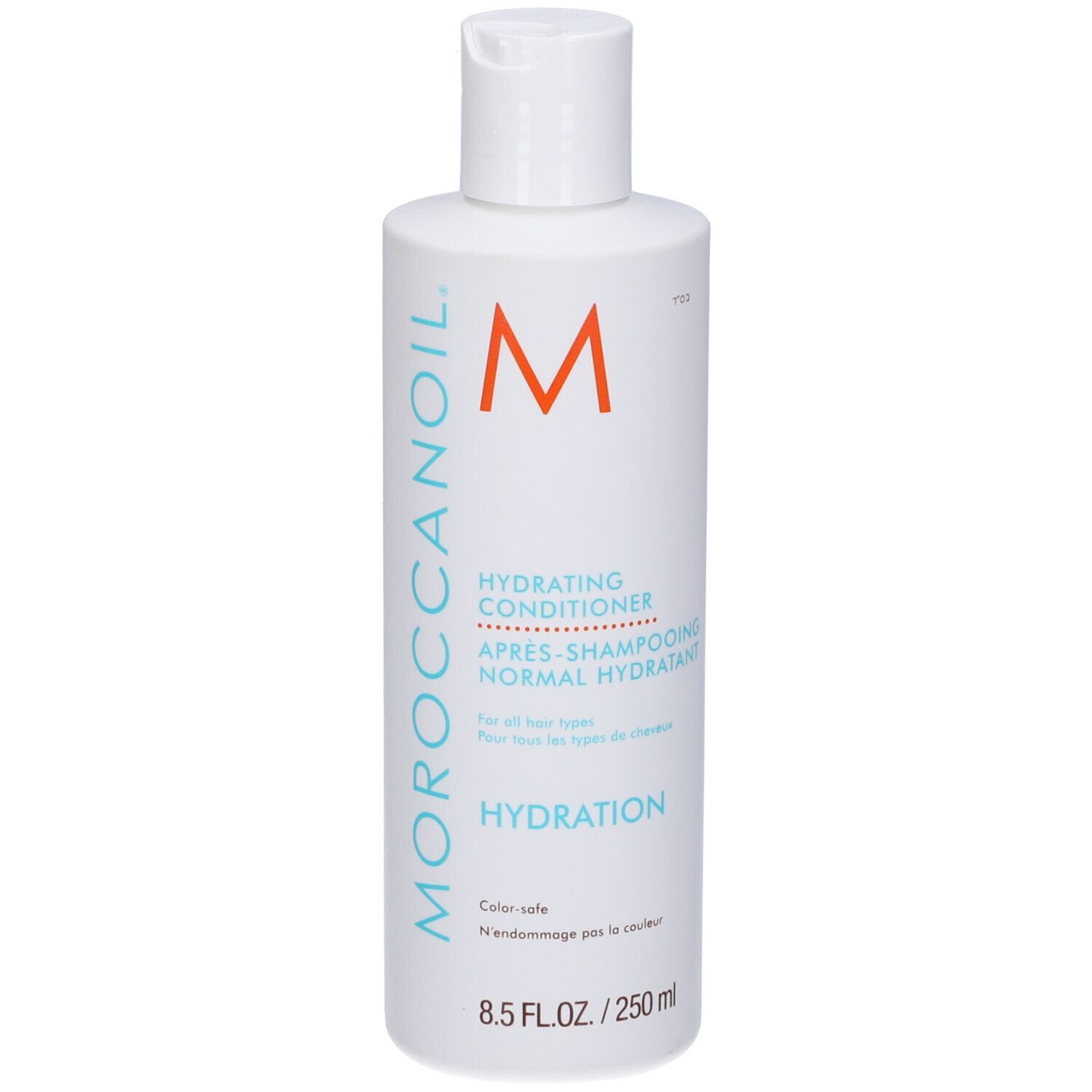 Flacone bianco con tappo bianco. Scritta: Moroccanoil, Hydrating Conditioner. Logo M arancione. 8.5 FL.OZ./250 ml.
