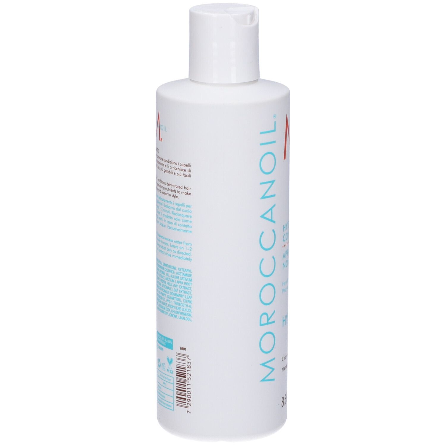 Flacone bianco con tappo bianco. Scritta: Moroccanoil. Testo multilingue. 8.5 FL.OZ./250 ml. Vista posteriore.