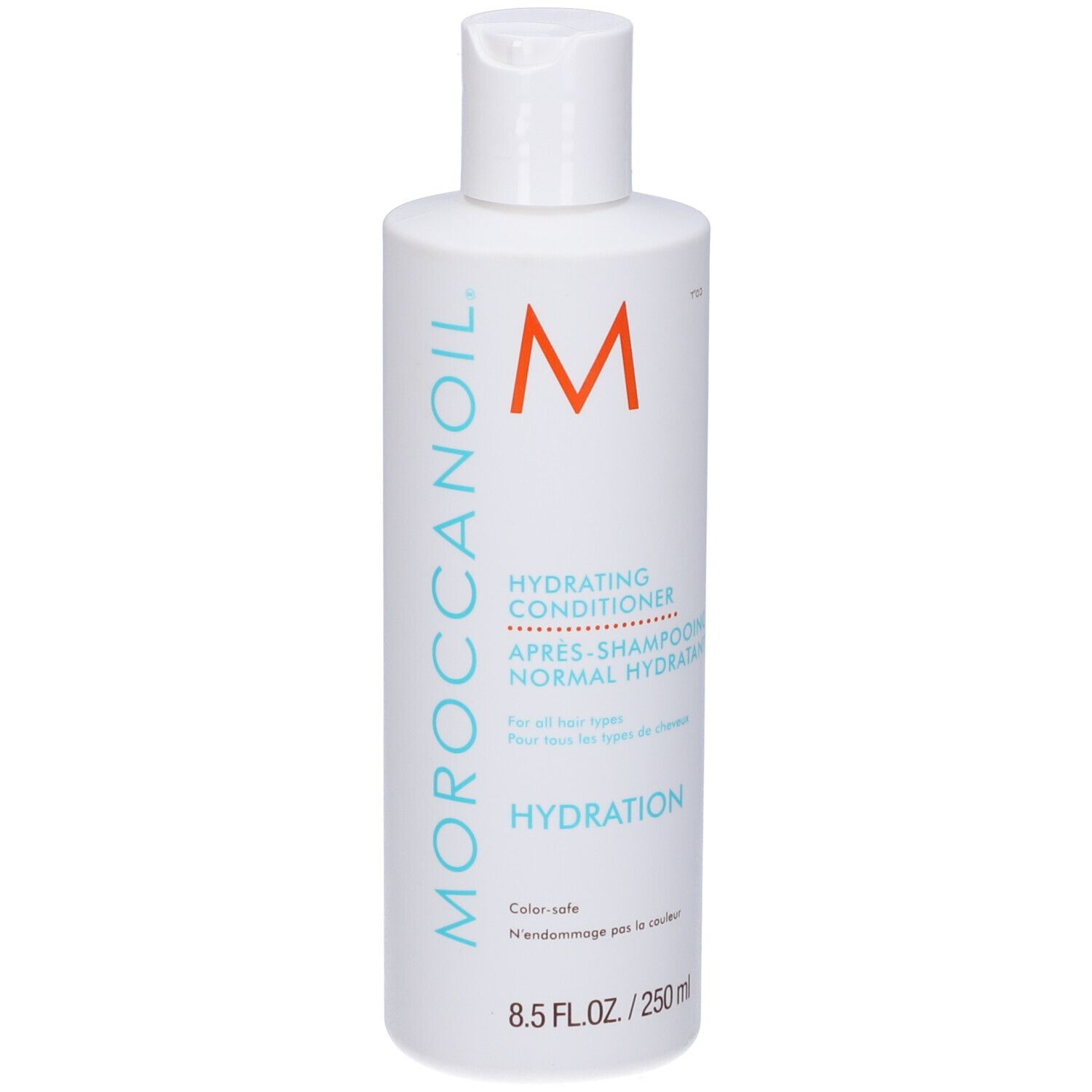 Flacone bianco con tappo bianco. Scritta: Moroccanoil, Hydrating Conditioner. Logo M arancione. 8.5 FL.OZ./250 ml.