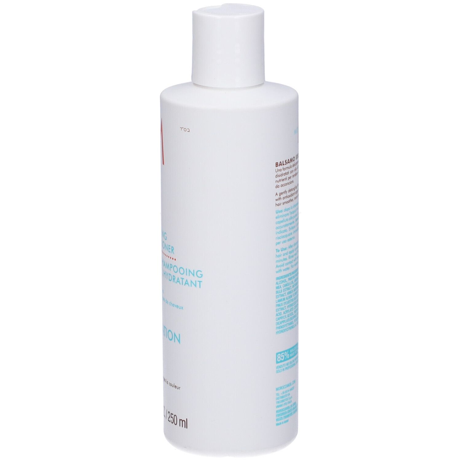 Flacone bianco con tappo bianco. Scritta: Moroccanoil, Hydrating Conditioner. 8.5 FL.OZ./250 ml. Vista laterale.