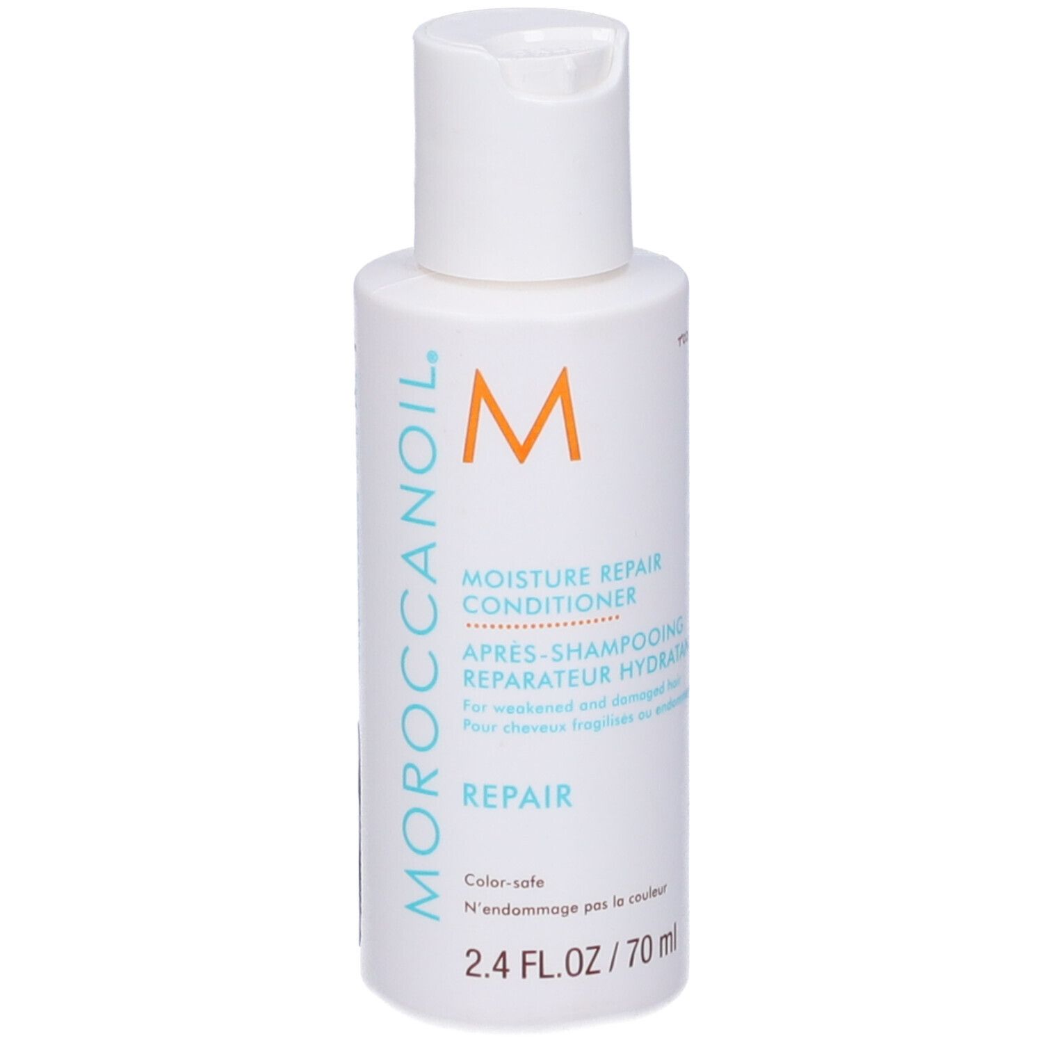 Flacone bianco con tappo a ribalta. Scritta: Moroccanoil, Moisture Repair Conditioner, 2.4 FL.OZ / 70 ml.